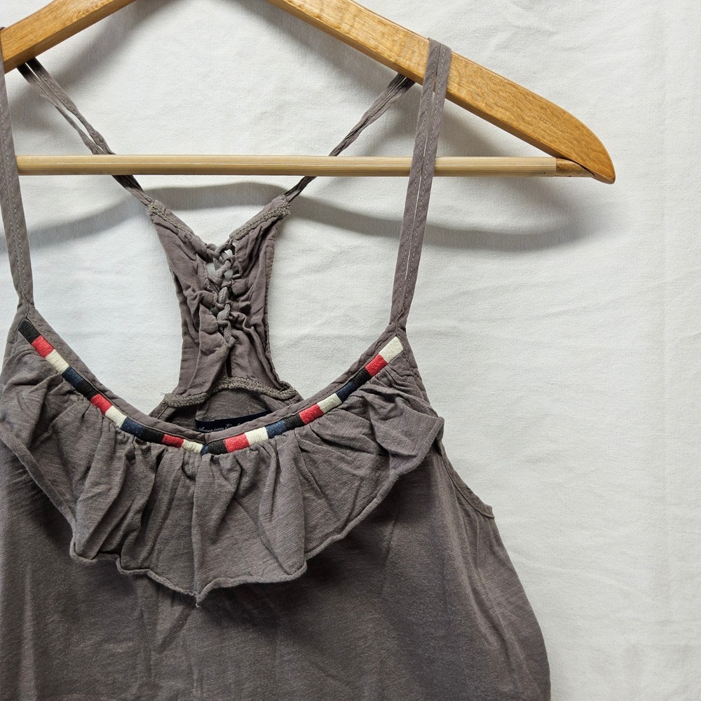 American Eagle Tank Top Womens XS Brown Ruffle Racerback Lace‎ Up Boho Cami